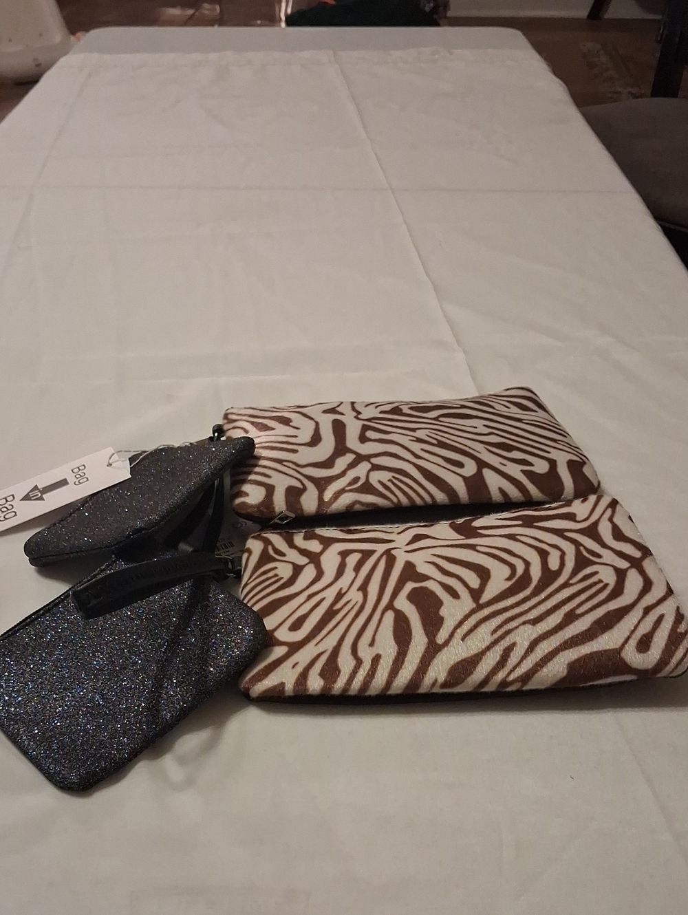 Makeup Bag Duo in Brown Zebra Print and Black Glitter